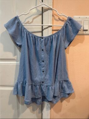 Takara Light Blue Off-Shoulder Button Peplum Top
